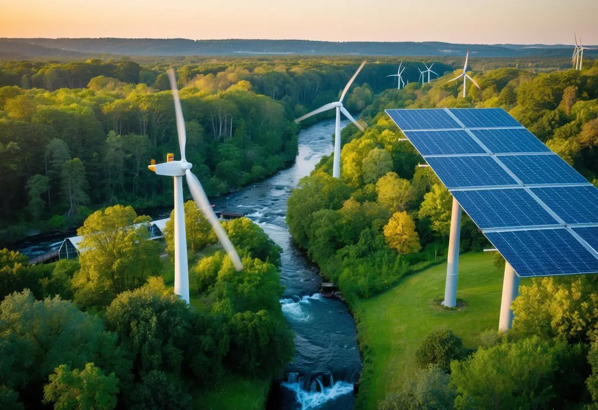 A lush forest with diverse flora and fauna, a flowing river, and renewable energy sources like wind turbines and solar panels