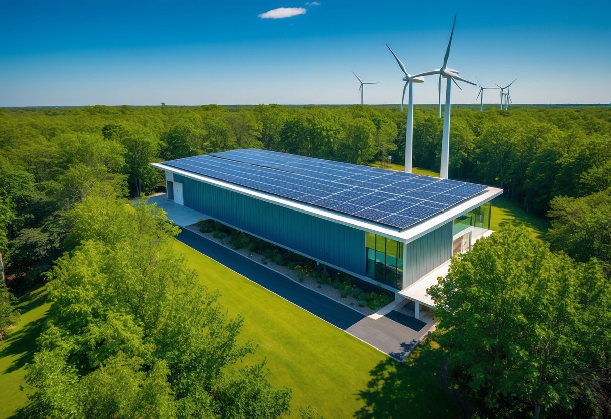 A lush, vibrant forest with a clear blue sky above, featuring a modern, eco-friendly building with solar panels and wind turbines