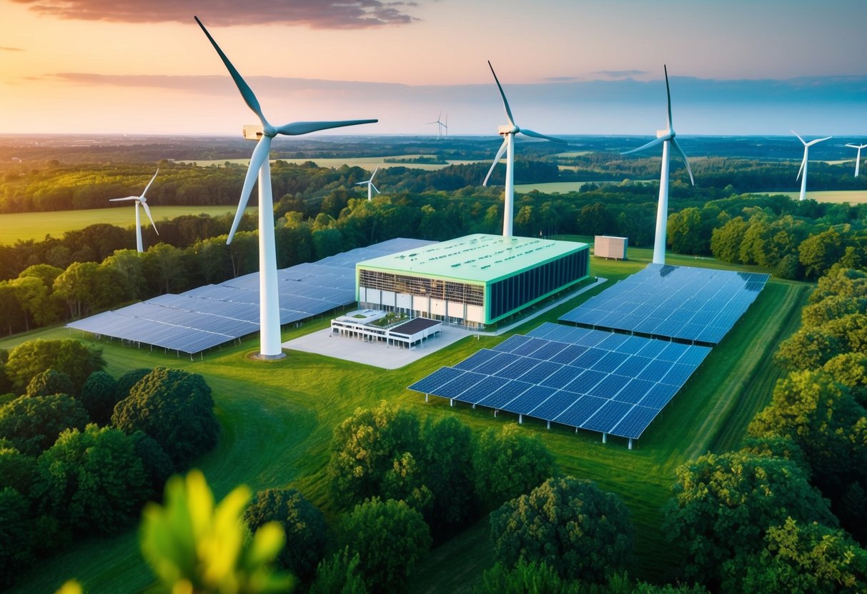 A lush, vibrant landscape with a modern, eco-friendly data center nestled among renewable energy sources like wind turbines and solar panels