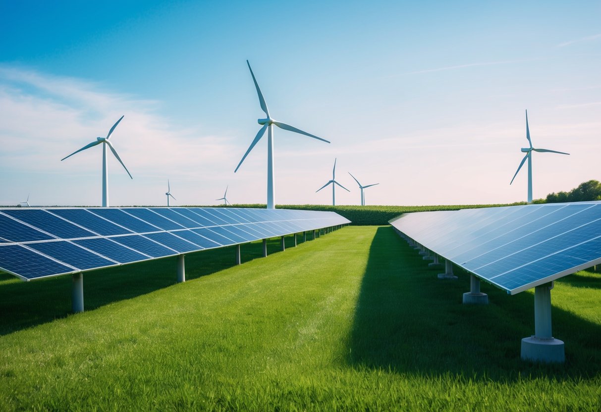 A lush, green landscape with wind turbines and solar panels generating clean energy under a clear blue sky